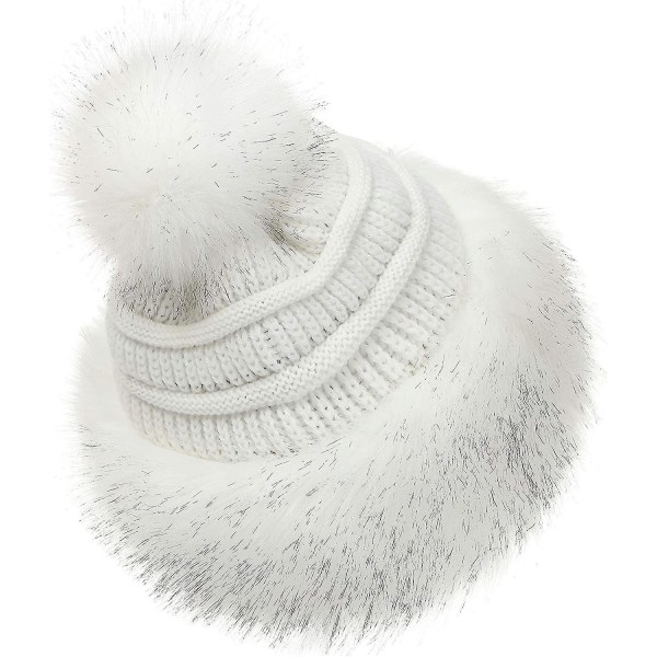 Soul Young Dame Faux Fur Hat Sort Russisk Kosak Strik Pompom Ski Sne Hat Til Vinter Hvid