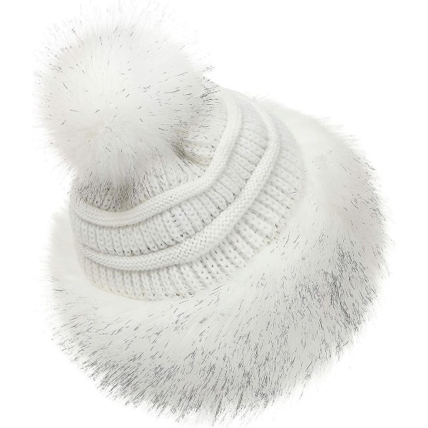 Soul Young Women's Faux Fur Hat Sort Russisk Kosak Strik Pompom Ski Snow Cap Til Vinter Hvid
