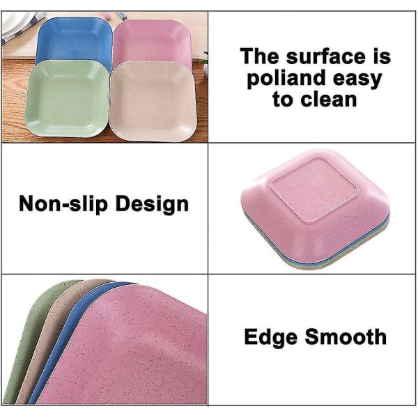 4 stk 18 cm miljøvennlig dissertfat uknuselige tallerkener (firkantet, 4 farger)
