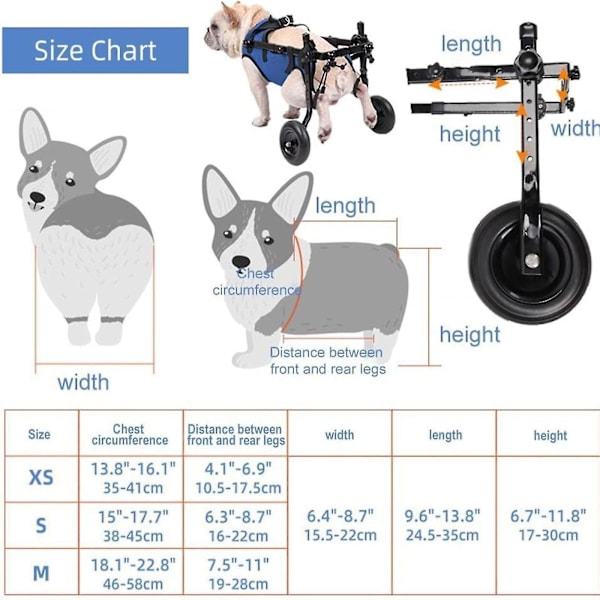 Hjulstol for hund for bakbein, lett hundehjulstol for små hunder, beinbrakett og hofte støtte, justerbare mobilitetshjelpemidler for funksjonshemmede kjæledyr bu-m