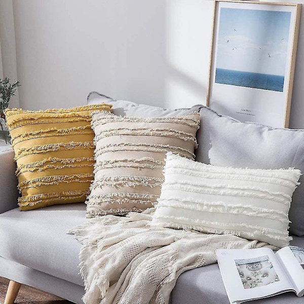 Set med 2 Dekorativa Bohemiska Kuddfodral i Linne med Randig Jacquardmönster, Kuddfodral för Soffa, Soffgrupp, Vardagsrum, Sovrum