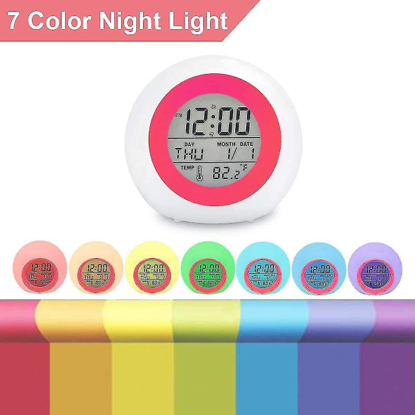 Digitalt vækkeur til børn, 7-farvet natlys, snooze, temperaturregistrering batterier drevet (rød)