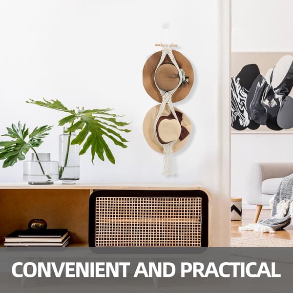 Boho Tofs Vävd Hattställning Bomullsrep och Trä Väggmonterad Hattdisplay Organizer