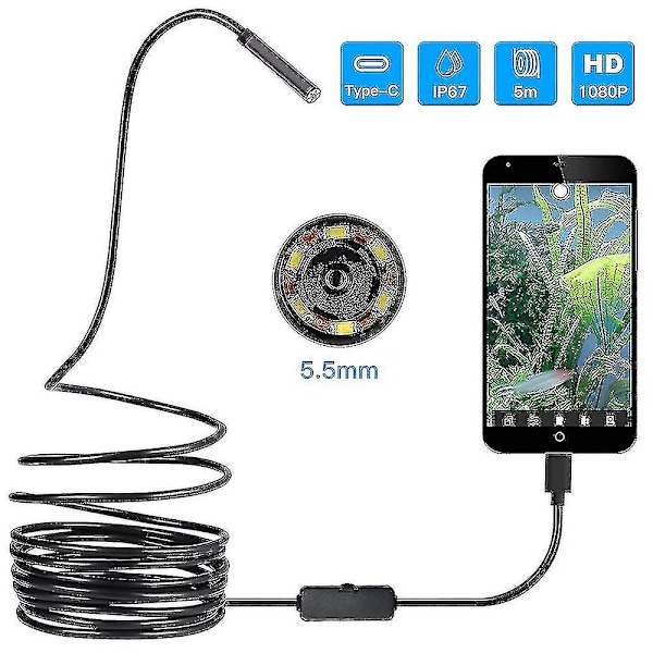 Type C -tyyppinen endoskooppi USB-tarkastuskameralla HD, 6 säädettävää LED-valoa - 5 metriä - yuhao