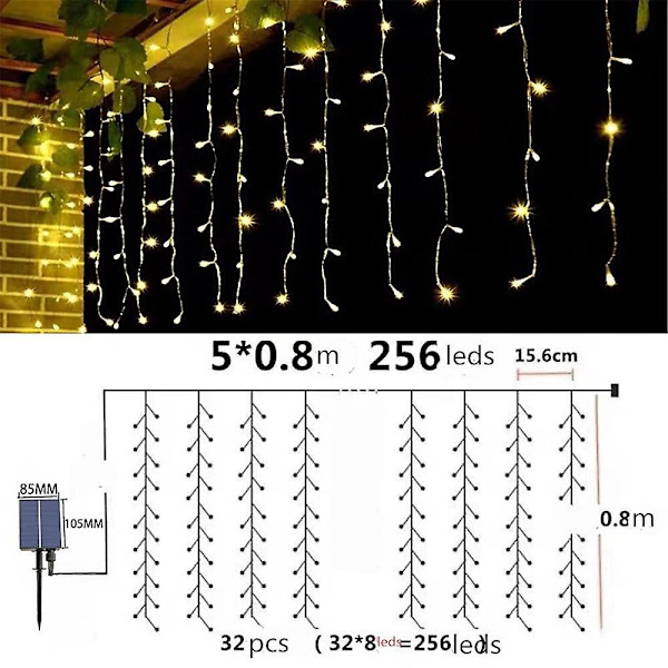 Jääpuikkovalosarjat 5x0.8m 256LED Aurinkovoimalla Ulkokäyttöön Joulukuusivalot