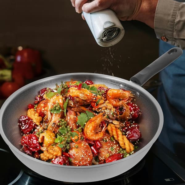 Non-Stick Stegepande i Rustfrit Stål Wok med Honeycomb Struktur Bakelit Håndtag Varmefastholdelse