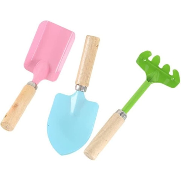 Barnegodterifarge Hageverktøy Mini metallsparkel Trehåndtak Hagerive spade (rosa, blå, grønn) 3 stk