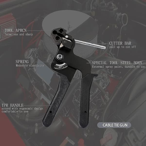 Kabelbinderpistol i rustfritt stål, kabelbindertang i rustfritt stål med klippefunksjon, metallisk kabelbinderpistol