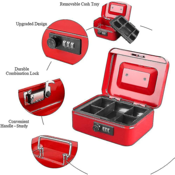 Pieni kassalaatikko yhdistelmälukolla Kestävä metallinen kassalaatikko rahalokerolla musta, 7,87 x 6,3 x 3,35 tuumaa - B-yuhao Red