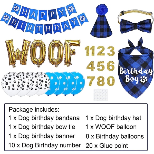 Koiran syntymäpäiväjuhlatarvikkeet, ruudullinen koiran syntymäpäivä Boy Bandana Koiran syntymäpäivänumeron kanssa Hattu Rusetti Tassu Huu Ilmapallot Hyvää syntymäpäivää Banneri pienille medioille