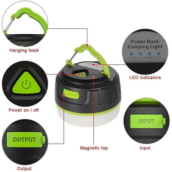 2 i 1 Opladeligt Campinglygte og 5200mah Powerbank Oplader - IP65 Vandafvisende Lysstærk LED Port