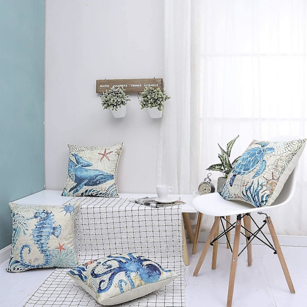 4 st Polyester Linne Kuddfodral med Havsdjurstryck 45x45cm