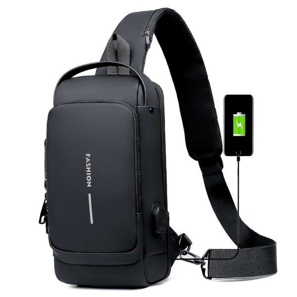 Slingryggsäck för män Vattentät USB -port för stöldskydd