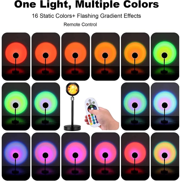Solnedgangslampe, hjemmeinnredningsprojektorlys med 16 farger 4 moduser, fargeskiftende lampe Sollysprosjekt