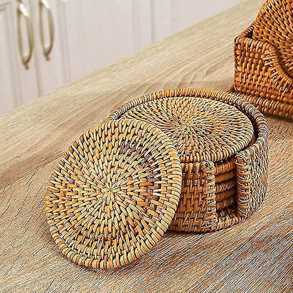 Rattan-pöytäliinat Kudotut Aluslautasen Aluslautasen Sarja 6 Pyöreä Ruskea