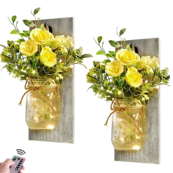 2 stk Rustikke Vægsconces Mason Jar Sconces Håndlavet Væghængt Design Med Fjernbetjening LED Feelygter Og Hvid Peon