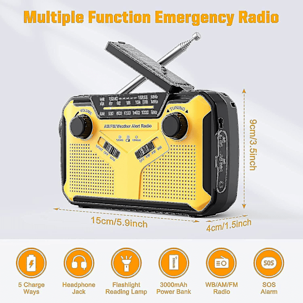 Hätäkäyttöinen käsikäyttöinen radio, kannettava aurinkoenergia, AM/FM NOAA-sääradio LED-taskulampulla