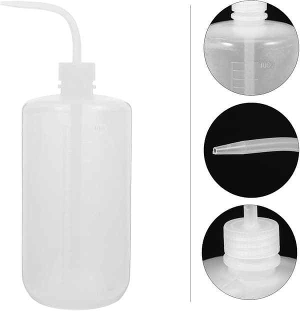 2 st 1000 ml plastflaskor med böjd pip och mätskala, vita laboratorieklämflaskor