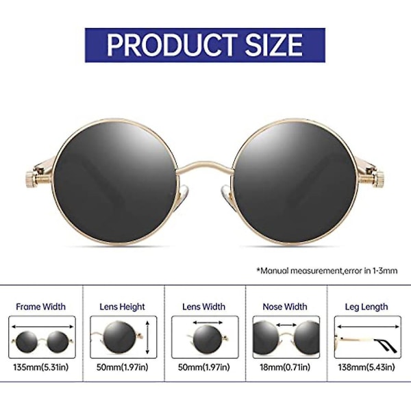 1 stk polariserede solbriller til mænd, Uv-beskyttelse, runde gotiske nuancer stil kvinder, metal cirkelstel