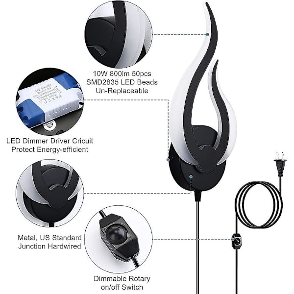 Vegglampe med plugg, 1 stk eller 2 stk, dimmbar LED, 10W, moderne innendørs