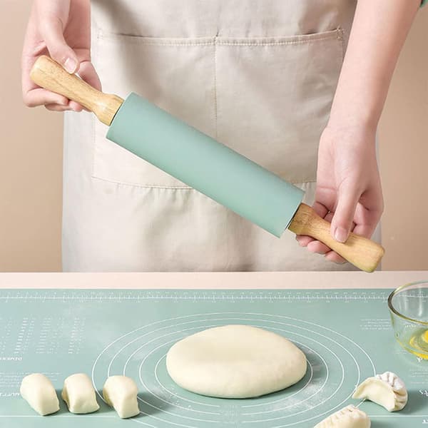 Non-stick silikone bageunderlag med kagerulle i træ, køkkenbageudstyr med