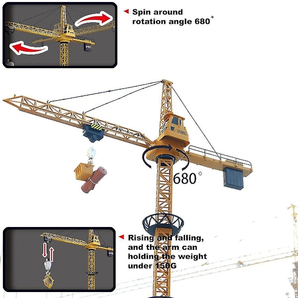 RC Tårnkran 128cm 680° rotation Model 2.4g Fjernbetjening Byggekran Legetøj Med (gul)