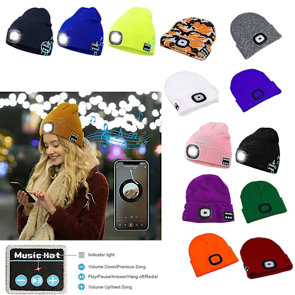 Bluetooth-kompatibel LED Vinterstrikket Beanie Hat Party Udendørs Belysning Kasketter Black