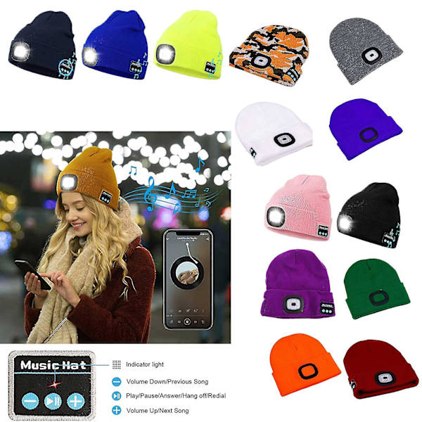 Bluetooth-kompatibel LED Vinterstrikket Beanie Hat Party Udendørs Belysning Kasketter White