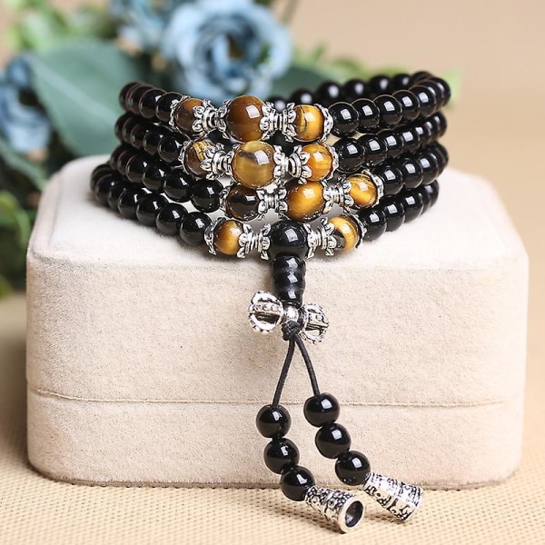 Smykker, 6 mm Obsidian 108 Buddhist Prayer Mara Beads Tiger Eye Gemstone Armbånd Halskæde