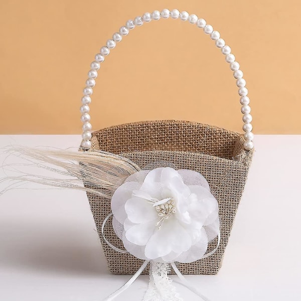 Rustikk Blomsterpikekurv Burlap Jutekurv Med Perlehåndtak For Vintage Bryllup