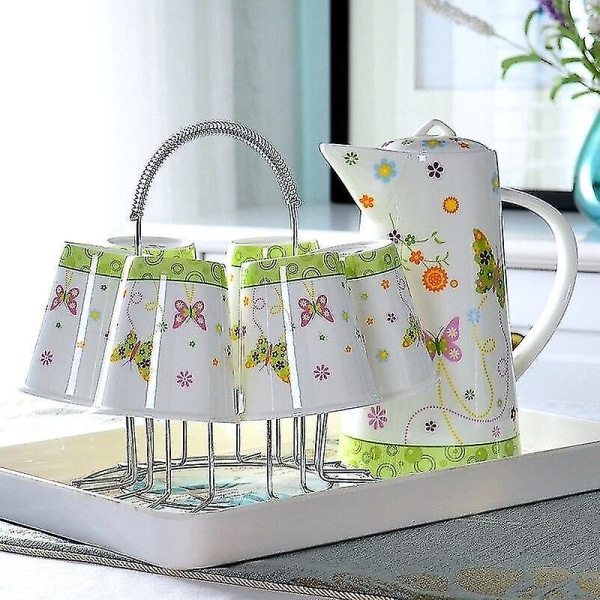 Bone China Tea Pot Cup Set Stainless Stander Green