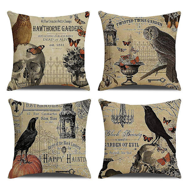 4-pak Vintage Halloween Pudebetræk til Ugle/Ravn/Græskar/Hodeskalle Pudebetræk Halloween Pudebetræk 18 X 18 Tommer