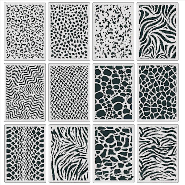 Uudelleenkäytettävät eläinpainatteiset reliefi-stencilit puulle, seinäkankaalle, metallille, 12 kpl