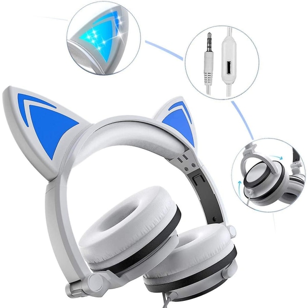 Cat-hovedtelefoner til piger, drenge, blinkende led-hovedtelefoner med mikrofon på øret Universal Wired 3,5 mm