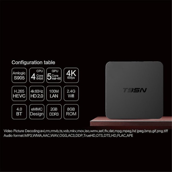 T95n Älykäs TV-laatikko Android S905 Neliydin Wifi 1 Gt 8 Gt 4k Soitin