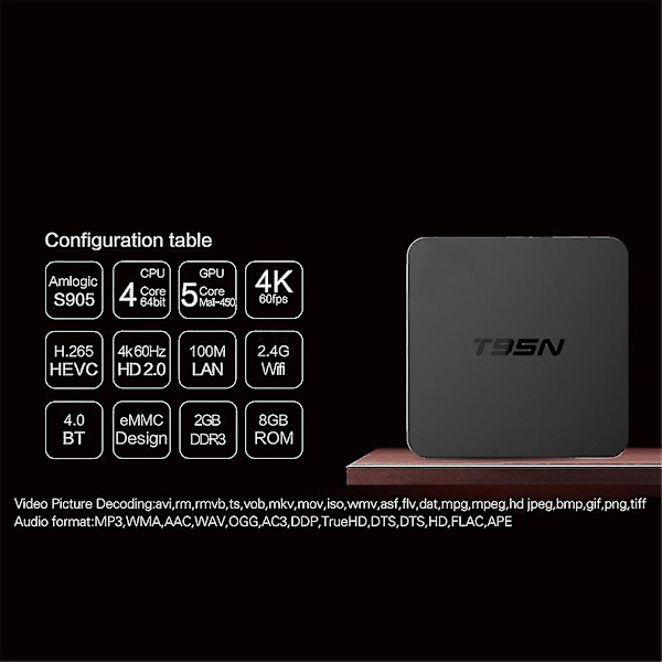 T95n Smart TV-boks Android S905 Quad Core Wifi 1 GB 8 GB 4K Afspiller