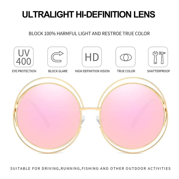 Metall dobbel sirkel trådramme Overdimensjonerte runde solbriller for kvinner rosa