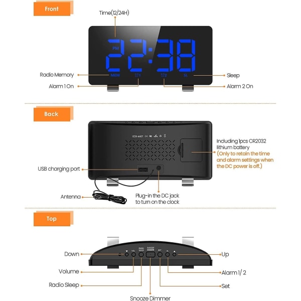 Takprojektionsklockradio, Fm-väckarklocka med takprojektor, temperaturdisplay, dubbel USB