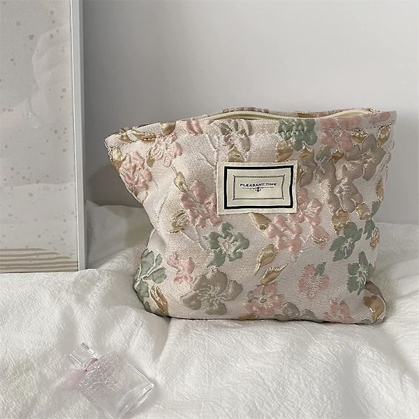 Makeup Taske Fransk Stil Pladsbesparende Canvas Kvinder Bærbar Broderi Makeup