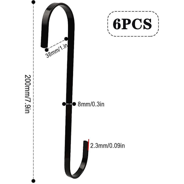 6 kpl 20 cm S-koukut, ruostumaton teräs, tasainen, keittiöön