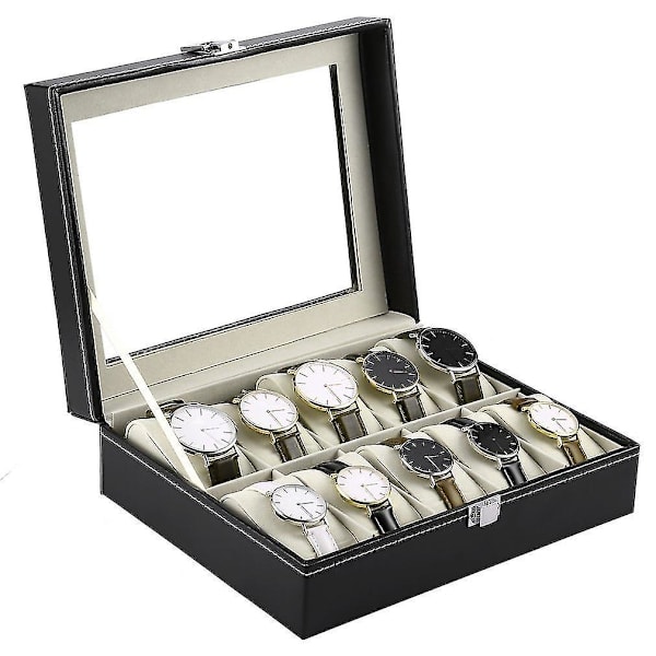 Svart PU-läder 10-fack Armbandsur Display Box Förvaring