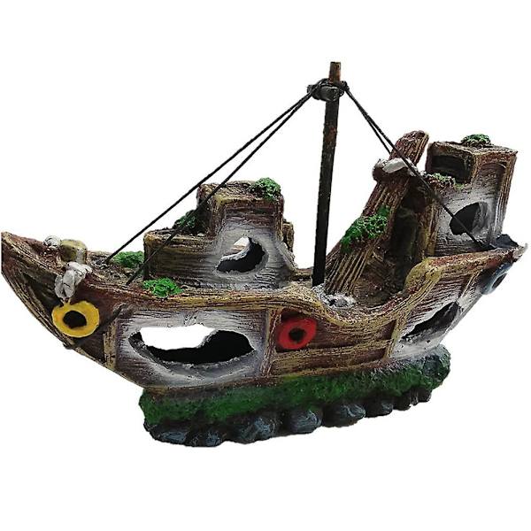 Akvariumdekorasjoner, 21 cm lang piratskip i kunstig polyresin