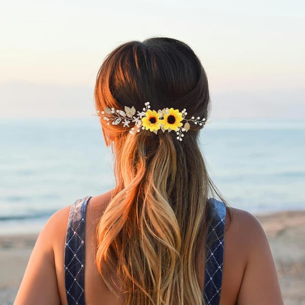 Solsikke brudehodebånd med håndlagde rhinestones, blomsterhårtilbehør til bryllup