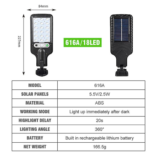 Solcellelampe for utendørs, solcelledrevet gatebelysning med sensor, sikkerhetsbelysning for hage, terrasse, sti og gårdsplass 616-A