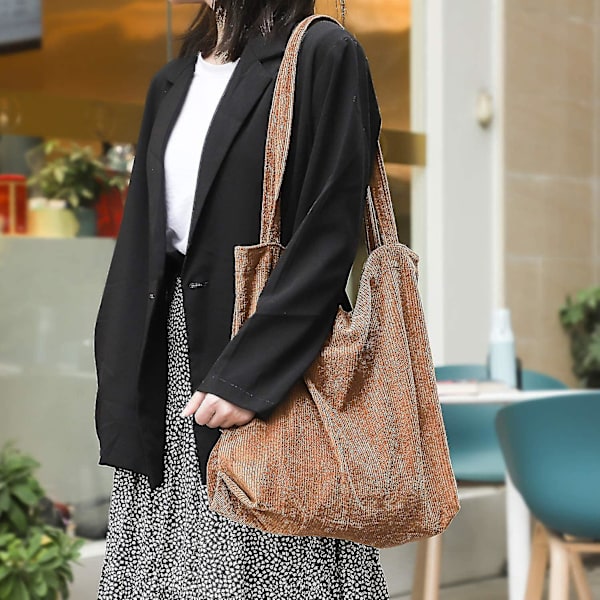 Damer Stor Kapasitet Canvas Corduroy Skulderveske Casual Tote (brun)