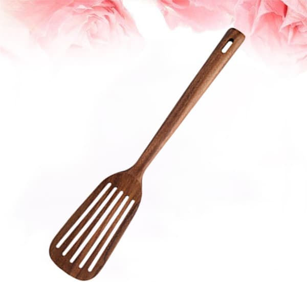 Värmebeständig långskaftad spatel i teakträ med ihålig slitsad design