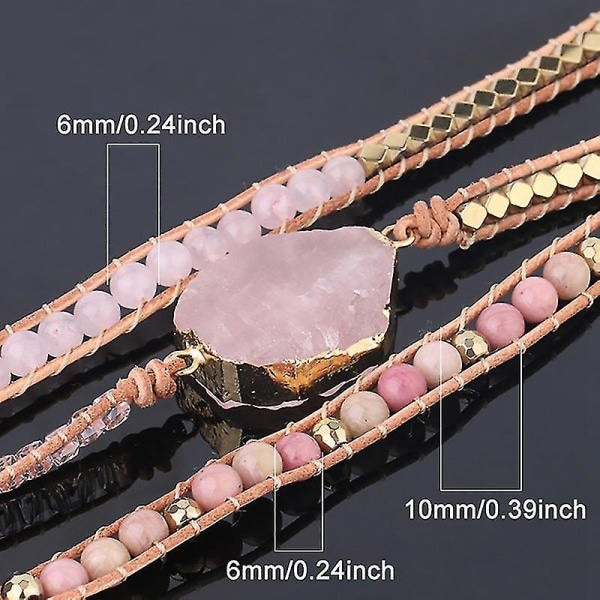 Naturstein armbånd rosa kvarts lær wrap armbånd for kvinner krystallperler smykker