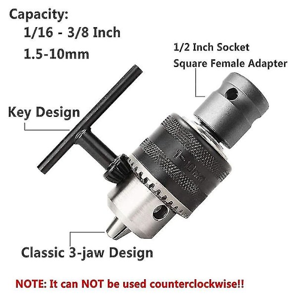 1,5-10 mm 1/16 tommer - 3/8 tommer kapacitet nøgleboremaskine chuck nøgle konverter 1/2 tommer stikkontakt firkant Fema