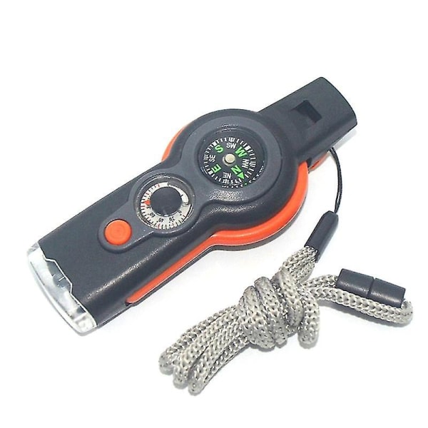 Monitoiminen 7 in 1 Outdoor Survival Whistle -avainnippu kompassin suurennuslasilla (musta oranssi) (1 kpl)