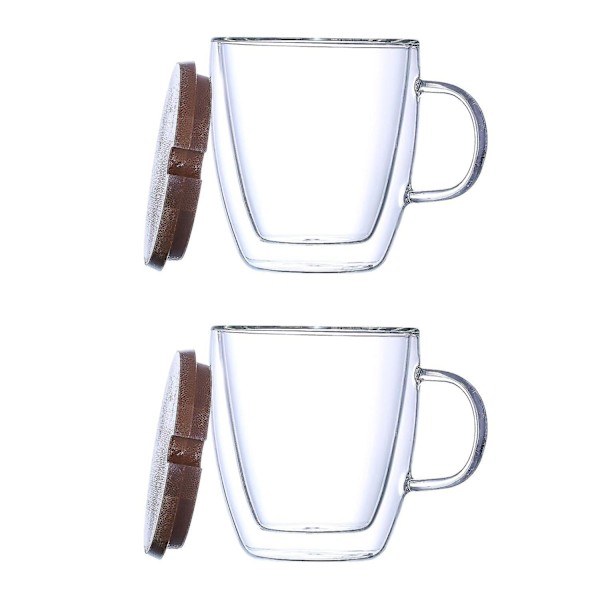 2-pack 350 ml Glaskaffemuggar med Trälock Isolerade Koppar